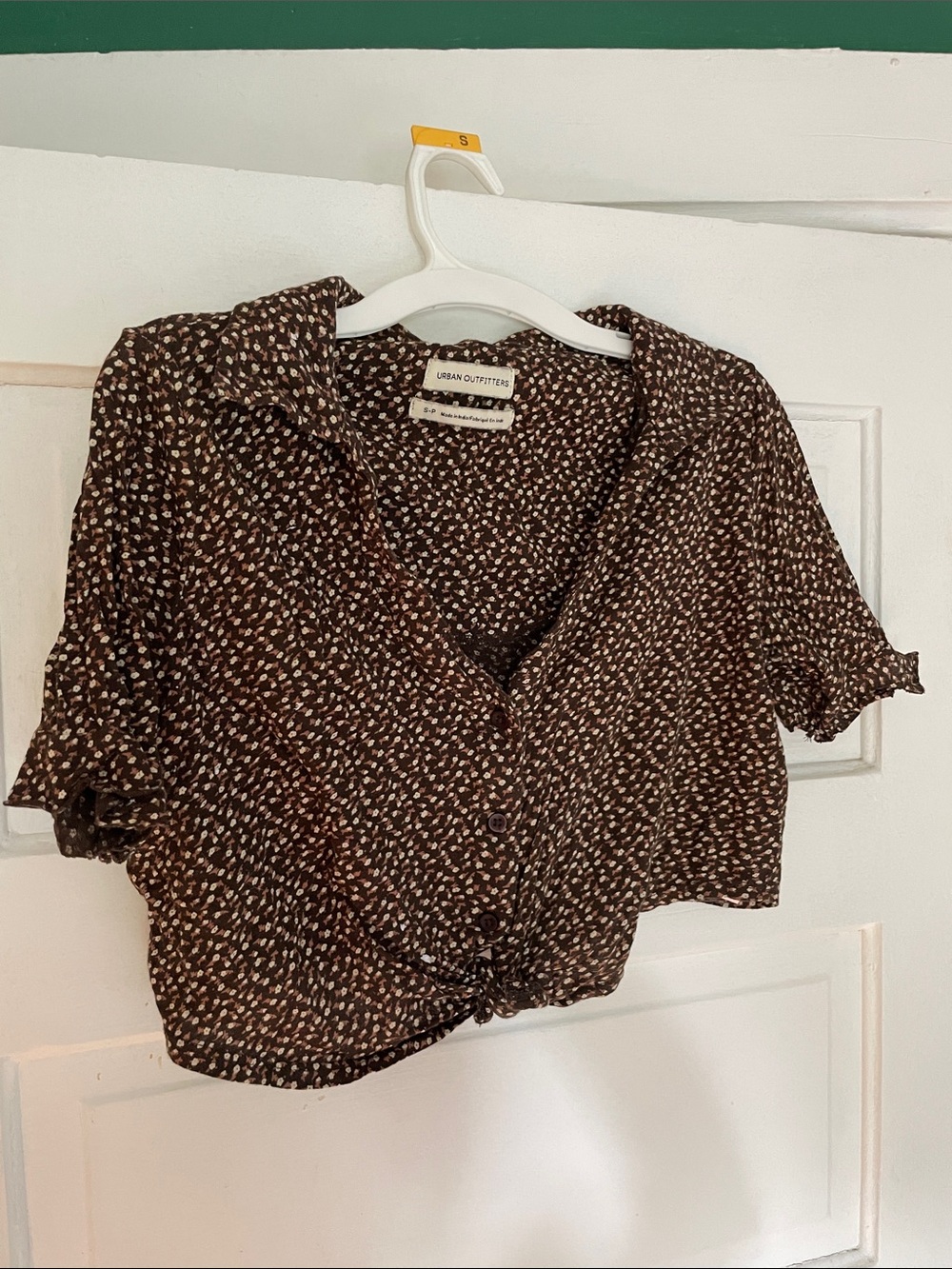 Urban Outfitters Brown & Cream Button-Front Tie Crop Shirt
